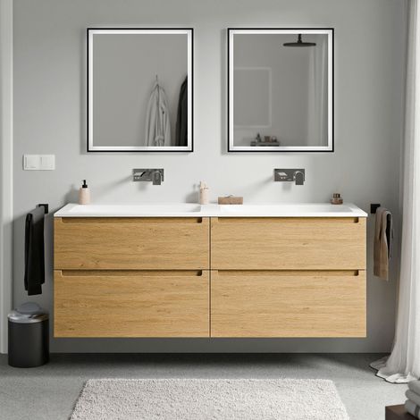 Waschtischunterschrank Bernstein VIREO 160cm mit Mineralgusswaschtisch CREAM Badmöbel: Eiche Honiggold, Waschbecken: Weiß matt ohne Hahnloch