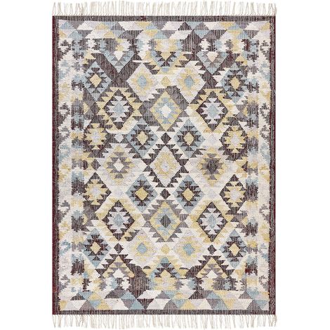 Alfombra de yute beige rojo azul 140 x 200 cm hecho a mano borlas Fener