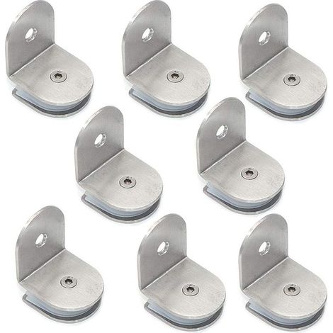 Set di 8 morsetti per vetro a 90 gradi in acciaio inox (304), supporto per mensole in vetro, montaggio a parete, per pannelli di vetro di spessore 8-12 mm, finitura spazzolata. (1/5)