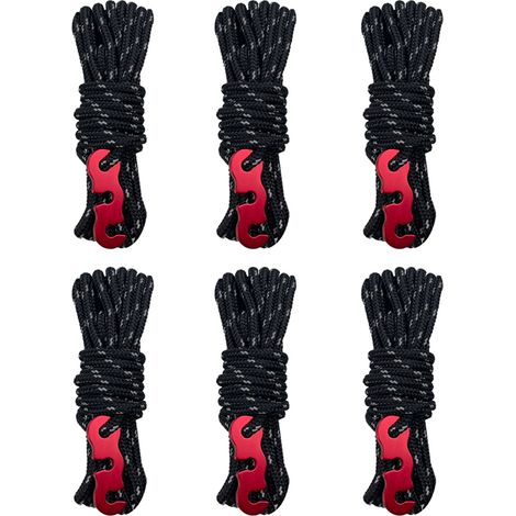 Corde de haubanage réfléchissante de 4 m en paracorde avec tendeur pour tentes, bâches et camping (noire, lot de 6)
