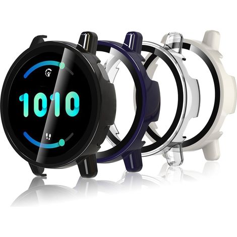 4 Pièces Coque Compatible avec Garmin Vivoactive 5, Coque Rigide en PC avec Protecteur d'écran, Coque HD avec Verre Trempé - Transparent, Noir,Blanc,Bleu (1/5)