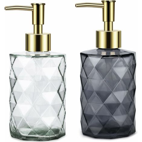 Distributeur Savon Liquide,Distributeur de Savon en Verre de avec Pompe à Main 2 Pcs Distributeur Liquide Rechargeable pour Salle de Bains Distributeur de Savon de Cuisine Blanc+Gris (1/5)