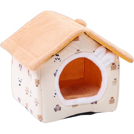 Niche pour chat d'hiver chaude, amovible et lavable, avec coussin moelleux, pour chats de 2,5 à 7,5 kg, jaune, taille M (1/5)