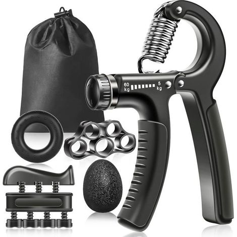 Kit musculation main hand grip - 5 pièces, résistance réglable 5-60kg, antidérapant - Convient pour renforcement poignée Étiquette (1/5)