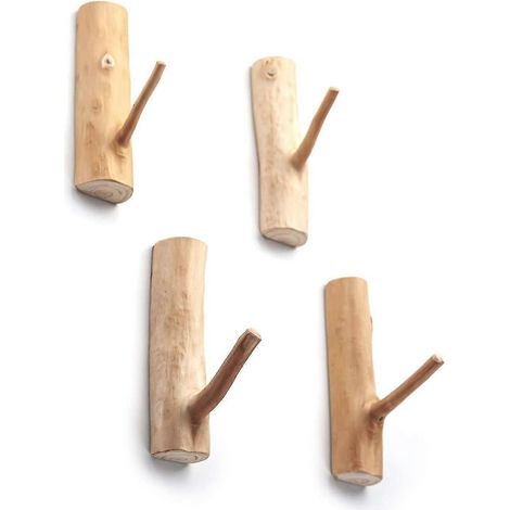 Crochets muraux en bois en forme de branches d'arbre, patères murales en bois, crochets adhésifs décoratifs rustiques, porte-clés, porte-serviettes, lot de 4 (1/4)