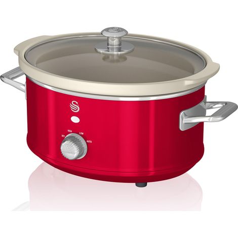 Swan Retro SF17021RNEU - Pentola per cottura lenta, 3,5 l, rimovibile, antiaderente in ceramica libera PFOA e PTFE, 3 livelli di temperatura, coperchio in vetro, Slow Cooker, design vintage, rosso