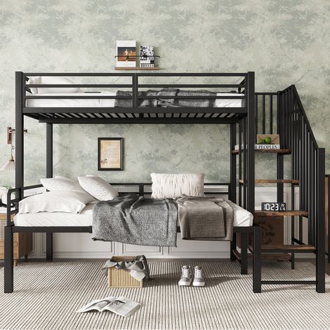 MEUBLIV Lit superposé 120x200 cm noir – escalier avec rangement, sans matelas (1/5)