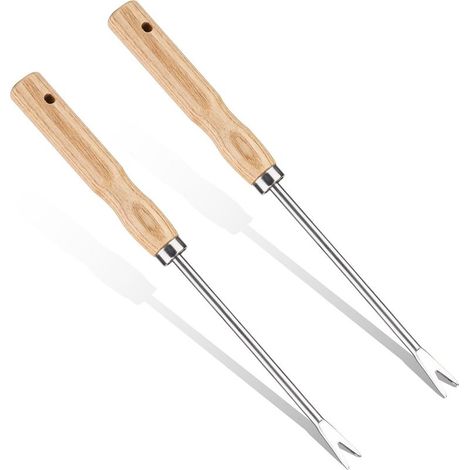 Lot de 2 outils pour pissenlits de 12 pouces , arrache-pissenlits à 2 dents , fourche à pissenlits portable avec manche en bois (1/5)