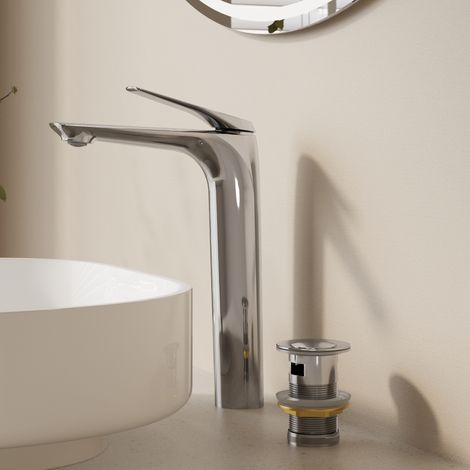 EVERSTEIN Wasserhahn Bad Waschtischarmatur Hoch Chrom, Waschbeckenarmatur für Aufsatzwaschbecken, Einhebelmischer, Messingkörper, Pop-up-Ablauf, Luftsprudler, 245 mm Auslaufhöhe (1/5)