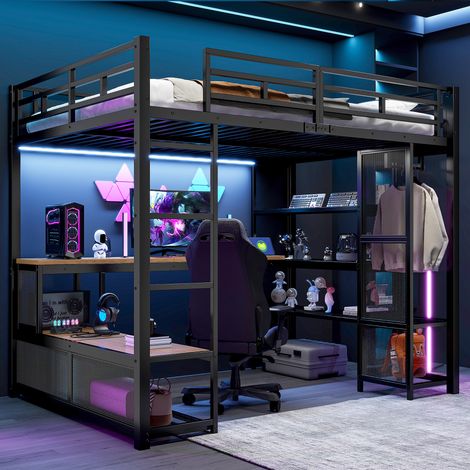 Lit Mezzanine 140x200 cm Noir avec Bureau, Penderie Ouverte, Étagères, LED 16 Couleurs, USB, Matelas Non Inclus (1/5)