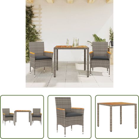 Gartentisch -  3-tlg. Garten-Essgruppe mit Kissen Grau Poly Rattan Akazie (1/5)