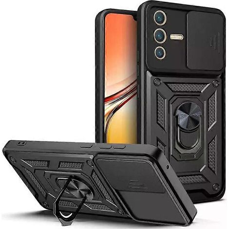 Coque de téléphone Vivo V23 5G / S12 en TPU+PC avec cache-caméra coulissant, Noir (1/5)