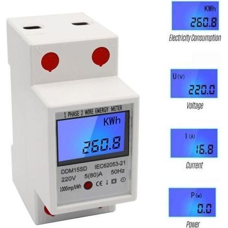 Contatore di energia monofase su guida DIN 5-80A 220V 50Hz, contatore elettronico KWh con retroilluminazione LCD, display digitale DDM15SD (1/5)