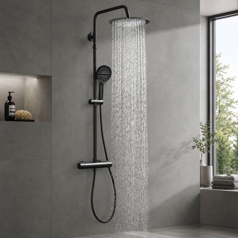 AIHOM Colonne de Douche Thermostatique Noir avec Mitigeur 38°C Acier Inoxydable, Hauteur Réglable 101-126cm (rond 12 Douche)Ajustable sans nouveaux trous Ensemble de Douche Salle de Bain (1/5)