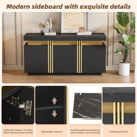 Meuble buffet moderne noir 140x38x70cm, 3 portes, armoire salle à manger avec étagères réglables, idéal cuisine, salon, entrée, finition noire et dorée, rangements larges sans poignées (1/5)