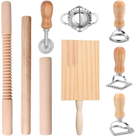 Lot de 9 pièces kit de fabrication de pâtes, kit de fabrication de pâtes efficace avec emporte-pièces pour raviolis, rouleaux à pâtes, planche à gnocchis, coupe-pâte, machine à boulettes, accessoire (1/5)