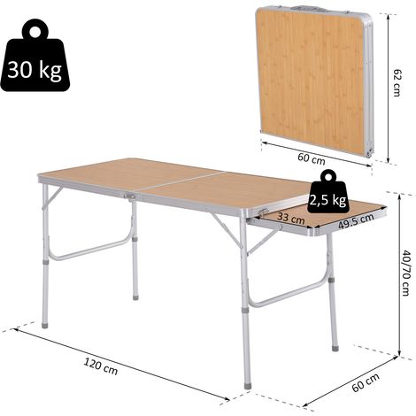 Tragbarer, klappbarer Campingtisch mit Ausziehplatte, leichter Picknicktisch mit Aluminiumrahmen, Tragkraft 30 kg, höhenverstellbar, 153 x 60 x 39/71 cm