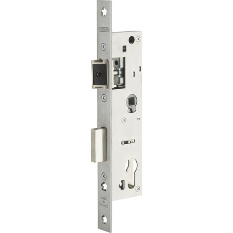 1 Boîtier de serrure, axe 30 mm, entraxe 70 mm, coffre acier 15 mm, têtière inox, pêne nickelé, pour porte d'entrée