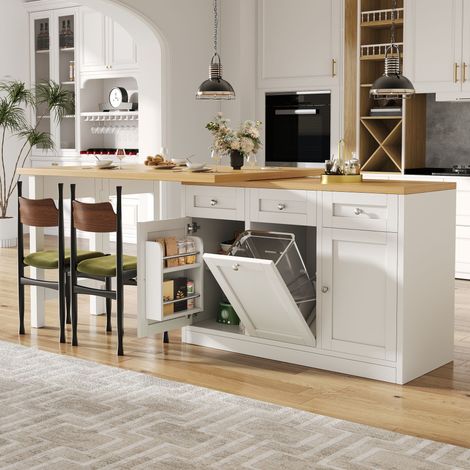 Table bar extensible avec rangement, table repas pliante avec tiroir, étagère snack et support poubelle sans seau - Blanc
