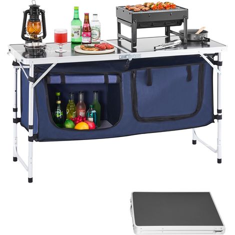 Table de cuisine de camping, 3 hauteurs réglables, table de cuisson extérieur pliante, portable et légère, en aluminium, avec organisateur de rangement, pour barbecue, pique-nique, voyage, bleu (1/5)