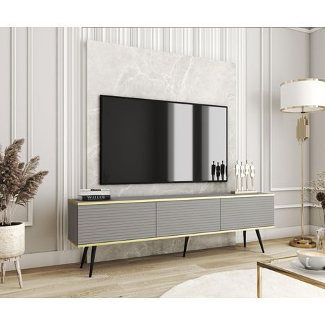 Mobile TV con lamelles grigie, gambe nere, 175 x 30 x 52 cm, apertura push to open (1/3)