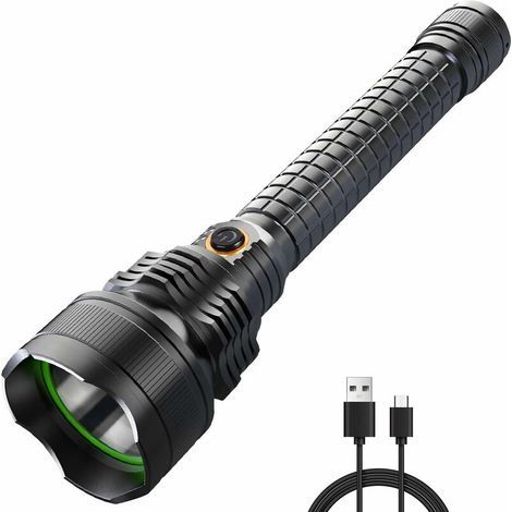 Lampe de poche rechargeable, torche longue portée, étanche IPX6, lampe de poche LED ultra puissante pour la randonnée, le camping et la chasse (piles non incluses) [Classe d'efficacité énergétique A+ (1/5)