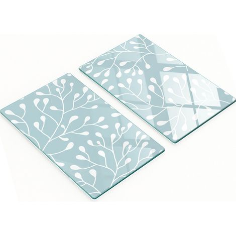 Juego de dos tablas de cocina decorativas de cristal con dise帽o de brotes blancos, 2x30x52 cm.