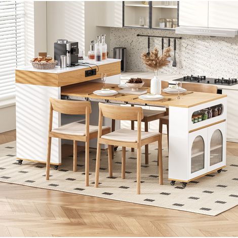 Mesa de cocina extensible con ruedas y enchufe, blanco y natural DESVIAE (1/5)