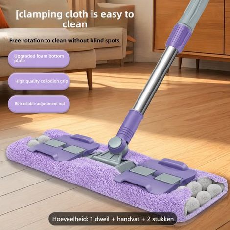 1 Balai plat en microfibre, tête rotative 360°, manche réglable 110 cm, lingettes réutilisables, pour parquet et carrelage (1/3)