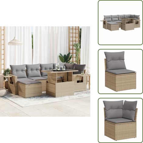 7-tlg. Garten-Sofagarnitur mit Kissen Beige Poly Rattan - Gartensofa Set - Garten Sofa Set - Outdoor Sofa Set - Garten Sofagarnitur (1/5)