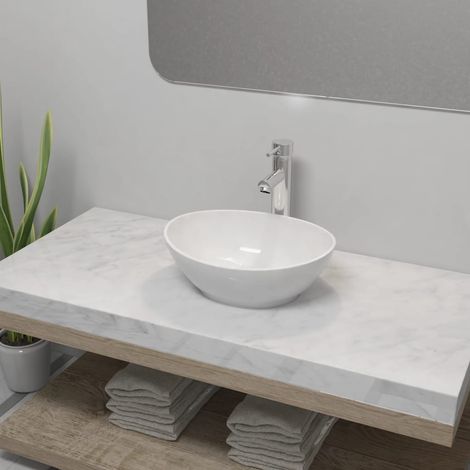 Lavabo de salle de bain avec mitigeur Céramique Ovale Blanc 2 (1/5)