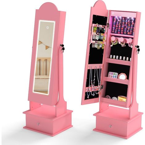Miroir 2 en 1 pour enfant avec éclairage, miroir sur pied, 3 couleurs, 4 lumières LED et tiroir, armoire à bijoux inclinable pour chambre d'enfant (rose) (1/5)