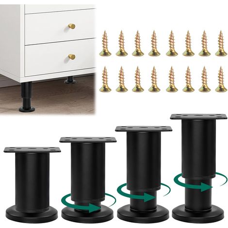 4 Pièces Pied Reglable pour Meuble, 8-12 cm Pieds de Meubles, Métal Noir Pied Réglable pour Armoires, Tables, Canapés, Lits, Tables de Chevet, Chaises (1/5)