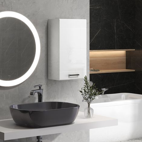 Armoire Murale Salle de Bain 1 Porte + Étagère Réglable Hauteur (3 Niveaux) 37x22,5x70 cm Blanc Haut Brillant (1/5)