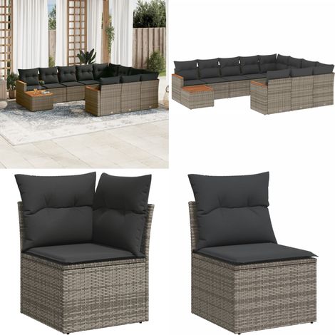 11-tlg. Garten-Sofagarnitur mit Kissen Grau Poly Rattan - Gartenmöbel Set - Outdoor Lounge - Rattan Gartenmöbel - Esstisch Set - Balkonmöbel - Home & Living (1/5)