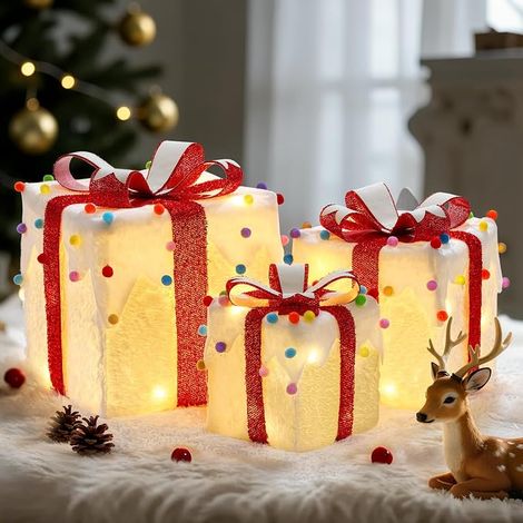 Boîtes Cadeaux Lumineuses 3 Pièces, Alimentées USB avec Nœuds, Pompons Doux Colorés, Télécommande, Déco Intérieure pour Maison Porche Pelouse Arbre (1/5)