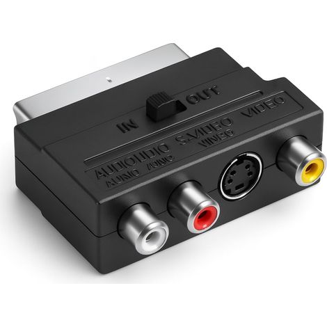 Adaptateur Péritel vers RCA et S-Vidéo - 1 Unité - Plastique ABS et Connecteurs Dorés - Commutateur Audio Vidéo IN/OUT - Pour TV, DVD et Consoles Rétro - Noir Compact (1/5)