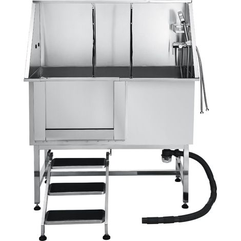 Baignoire pour chien en acier inoxydable 127 cm, bac de toilettage pour animaux avec escalier, planche filtrante PE, robinet, pommeau de douche et porte-savon, pour petits, moyens et grands chiens (po (1/5)