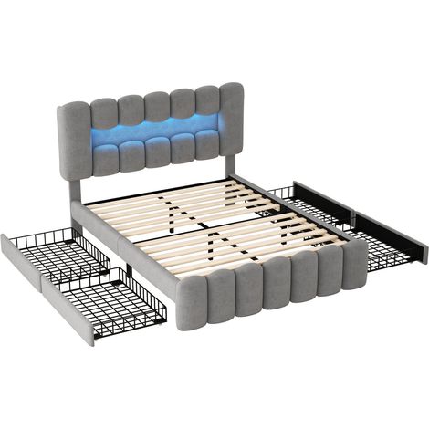 Letto con Cassetti 160 x 200 cm, Letto Matrimoniale con 4 Cassetti, USB, Altoparlanti e LED, senza Materasso, Grigio (1/4)