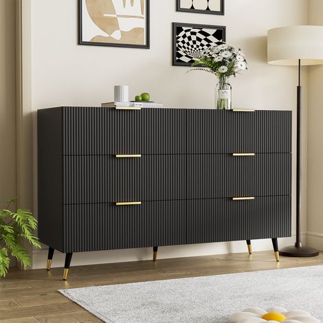 URBAN MEUBLE Buffet élégant noir design moderne, 6 tiroirs poignets et point de pieds dorés 120x40x77cm (1/5)