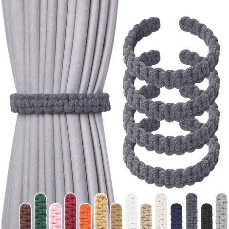 Lot de 4 embrasses de rideaux en corde de coton naturel - Style rustique de ferme - Décoratifs pour rideaux légers/à poids léger - Fabriqués à la main - Tressés - Gris foncé-L (1/5)