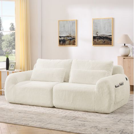 Canapé 2 places 208x101x81 cm beige avec USB et poche latérale, tissu peluche MEUBLIV (1/5)