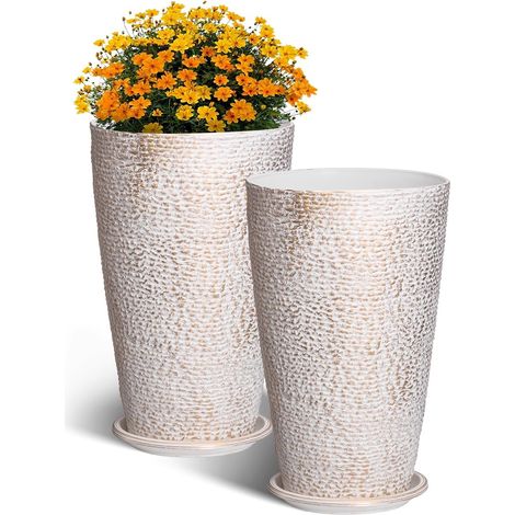Pot de Fleurs, Lot de 2, Grande Jardinière Plantes Conique 530 mm, Finition en Pierre, Design Élégant, Système de Drainage Efficace, pour Porche, Patio, Bureaux, Extérieur, Intérieur, Beige (1/5)