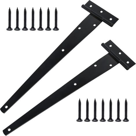 Lot de 2 charnières de porte en T robustes avec vis de montage, 300 mm, charnières de porte en T galvanisées pour portes de grange, portes en bois et fenêtres (1/4)