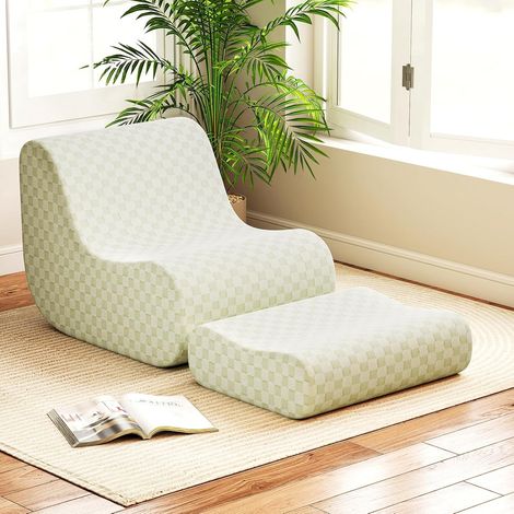 GOPLUS Chaise Poire Pouf avec Ottoman, 2 en 1 Chaise Paresseuse avec Remplissage en Mousse, Housse en Peluche Douce Lavable pour Adultes, Fond Antidérapant, Canapé de Sol pour Salon, Chambre (Vert) (1/5)