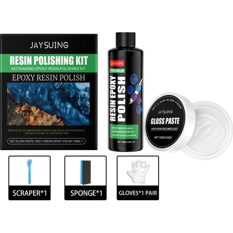 Kit de polissage JAYSUING pour la création d'œuvres d'art en résine époxy, la rénovation de bijoux et d'ornements (100 g de pâte à polir + 100 ml d'agent de rénovation + grattoir + gants + éponge) (1/5)