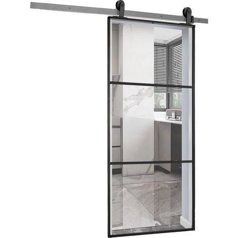 Porta Scorrevole Con Vetro Trasparente E Struttura In Alluminio 96x220cm Nero (1/5)