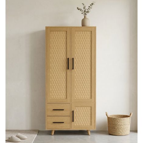 Armoire rotin de chambre avec penderie, 2 tiroirs, 3 portes, style bohème, garde robe, 80 x 52 x 176 cm - Naturel