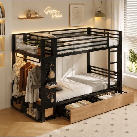 Litera 90x200 cm de metal y MDF negro con almacenamiento integrado, sin colchón – MEUBLIV (1/5)