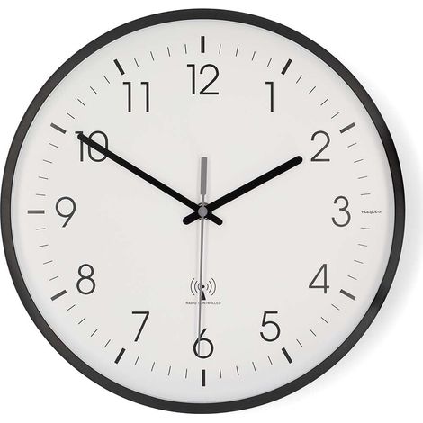 Nedis Wanduhr / Durchmesser: 300 mm / Kunststoff / Funkgesteuerte Zeit / Leise Bewegung / Schwarz / Weiss